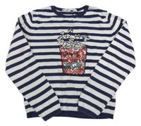 Bílo-tmavomodrý pruhovaný lehký svetr s kočkou z flitrů H&M