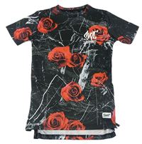Černé vzorované sportovní tričko s růžemi Sonneti