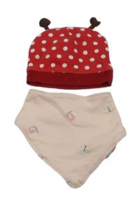 2set - Červená puntíkatá čepice tykadly + růžový slinták s motýlky 