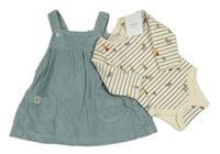2set - Bílé pruhované body se zvířátky + šedomodré manšestrové laclové šaty Next