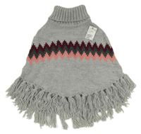 Šedo-růžovo-vínové vzorované svetrové pončo a třásněmi H&M