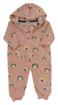 Růžová fleecová kombinéza s duhami a kapucí 