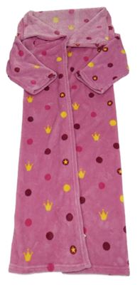 Růžová plyšová puntíkatá TV deka s korunkami 