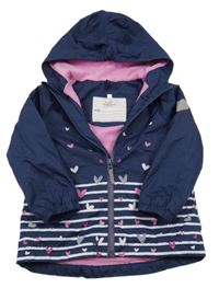 Tmavomodro-bílo-růžová šusťáková lehce zateplená bunda s pruhy a srdíčky a kapucí Topolino