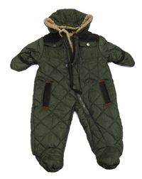 Tmavozelená šusťáková zimní kombinéza s kapucí s kožešinou 