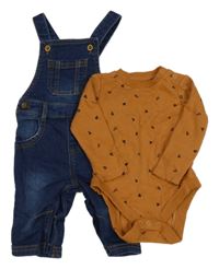 2set - Hnědo-černé vzorované body + tmavomodré teplákové laclové rifle F&F