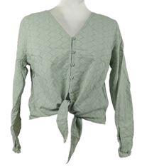 Dámská světlekhaki madeirová crop halenka s uzlem H&M