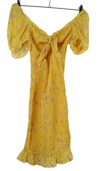 Dámské žluté kytičkované žabičkové šaty s mašlí FB Sister 