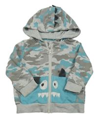 Šedo-modrá army propínací mikina s příšerkou a kapucí F&F