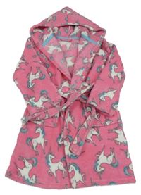 Růžový chlupatý župan s jednorožci a kapucí 