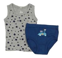 2set - Šedý hvězdičkovaný nátělník + tmavomodré slipy s autem