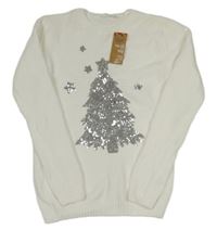 Nové - Bílý žinylkový svetr s vánočním stromkem z flitrů PRIMARK