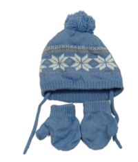 2set - Modrá čepice s vločkami a bambulí + rukavice 
