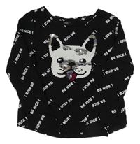 Černé crop triko s pejskem z překlápěcích flitrů a nápisy Page one young