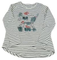 Bílo-tmavomodro-stříbrné pruhované triko s ptáčky a liškou a flitry YIGGA