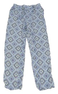 Bílo-modro-černé vzorované lehké kalhoty Pocopiano