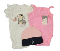 3set - Růžové body + bílé body s Thumperem + růžovo-tmavomodrá čepice