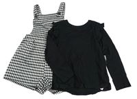 2set - Černo-bílé vzorované laclové kraťasy + černé triko s volánky 