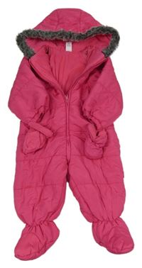 Růžová šusťáková zimní kombinéza s kapucí + rukavice C&A