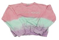 Růžovo-světlemodro-růžová batikovaná crop mikina s nápisem Infinity 