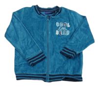 Modrá sametová propínací mikina s nápisem a pruhy Lupilu 