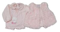 2set - Světlerůžová kožešinová podšitá vesta + světlerůžové triko s límečkem a zajíčkem