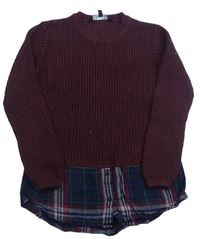 Mahagonový žebrovaný pletený svetr s kostkovanou halenkou New Look