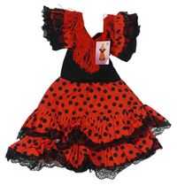 Kostým - Červeno-černé šaty s puntíky a krajkou a třásněmi