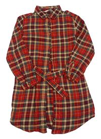 Červeno-kostkované propínací košilové šaty s páskem H&M