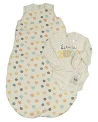 3Set - Smetanový puntíkatý zateplený spací pytel se zvířátky + body + rukavice F&F