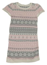 Světlerůžovo-šedo-smetanové vzorované svetrové šaty se srdíčky a vločkami H&M