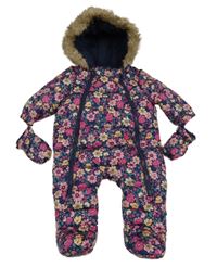 Tmavomodrá prošívaná šusťáková zimní kombinéza s kytičkami a kapucí s kožešinou + rukavice F&F