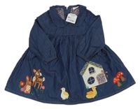 Nové - tmavomodré lehké riflové šaty se zvířátky a domečkem a límečkem Next
