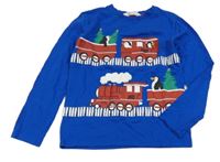 Safírové triko s mašinkou a tučňáčky a stromečky H&M