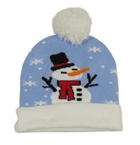 Světlemodro-bílá pletená čepice se sněhuláčkem a vločkami a bambulí EVA&CO