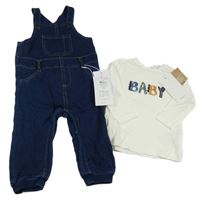 Nové - 2Set - Tmavomodré teplákové riflové laclové kalhoty riflového vzhledu + bílé triko s nápisem name it.