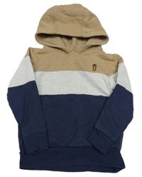 Světlehnědo/šedo-tmavomodrá mikina s nášivkou a kapsou a kapucí Next