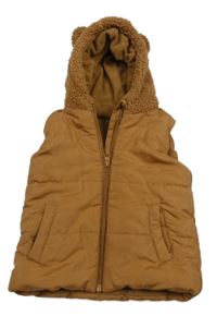 Hnědá prošívaná šusťáková zateplená vesta s huňatou kapucí s oušky Ergee