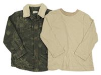 2Set - Khaki manšestrová košilová bunda s dinosaury a límečkem + hnědo/smetanové pruhované skvrnité triko F&F