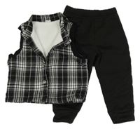 2Set - Černo-bílá kostkovaná propínací zateplená vesta + teplé tepláky SHEIN