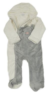 Bílo-šedá plyšová podšitá kombinéza s čumáčkem a kapucí LITTLE