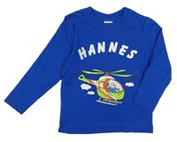 Cobaltově modré triko s vrtulníkem a nápisem 