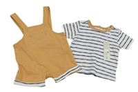 Nové - 2Set - Karamelové teplákové laclové kraťasy se lvíčkem + bílo/tmavomodré pruhované tričko Lily&Jack