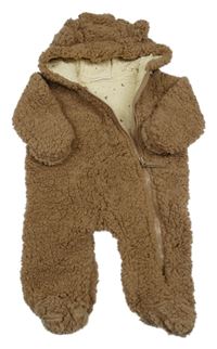 Hnědá huňatá podšitá kombinéza s kapucí s oušky