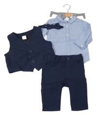 Nové - 4Set - Tmavomodré kostkované vzorované slavnostní kalhoty + vesta + motýlek + modrá melírovaná košile H&M