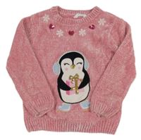 Starorůžový žinylkový svetr s tučňákem s flitry Primark