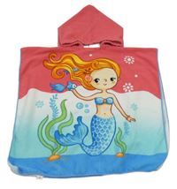 Jahodovo-bílo-světlemodré osuškové pončo s mořskou pannou a kapucí