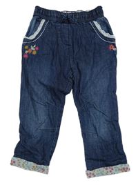 Tmavomodré podšité rifle s výšivkami květin Matalan