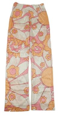 Růžovo-meruňkovo-bílé květované saténové kalhoty