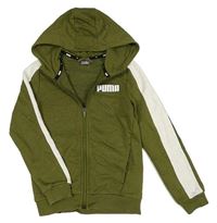 Khaki-bílá propínací mikina s nápisem a kapucí Puma